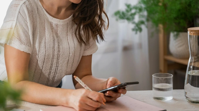 a woman writing on a piece of paper